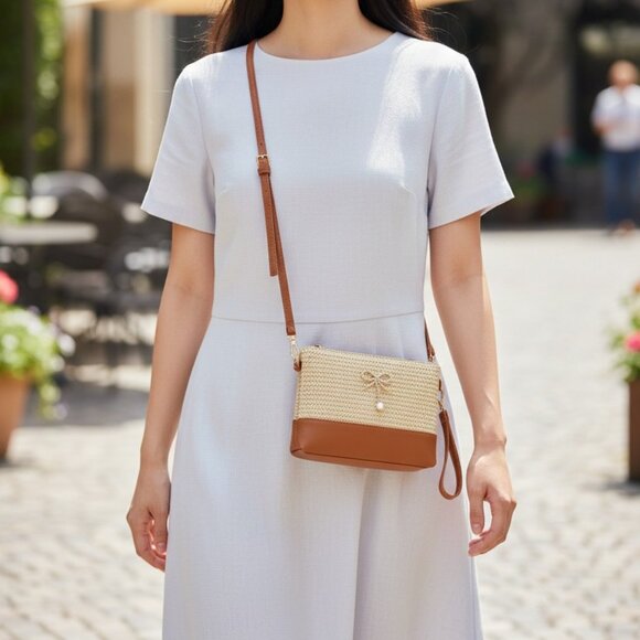 2/$30 Woven Beige and Brown Cross-Body Bag Leather Trim Purse Bow Pearl Charm - Picture 4 of 8